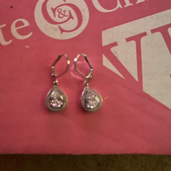 IZZY 18K WHITE GOLD TEARDROPCZ HALO DROP EARRINGS - Picture 6 of 6